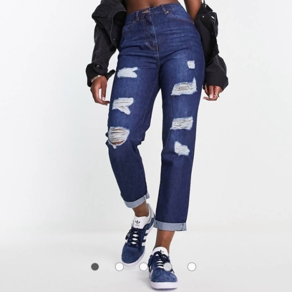ASOS Dark Blue Boyfriend Cropped Distressed Jeans